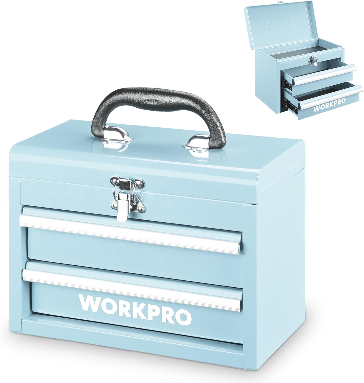 WORKPRO Boîte à outils portable en métal avec 2 tiroirs et espace de rangement supérieur, Bleu clair, 27,5 x 15 x 20,8 cm, Organiseur de table avec tiroirs et poignée pour bureau