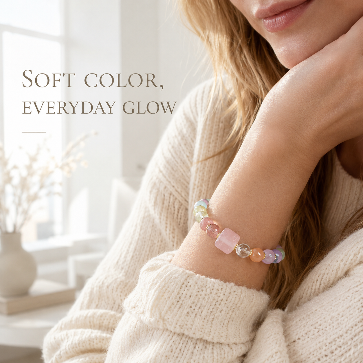 VoxorAI L8 Bracelet en quartz rose naturel artisanal - Rose amour et tendresse