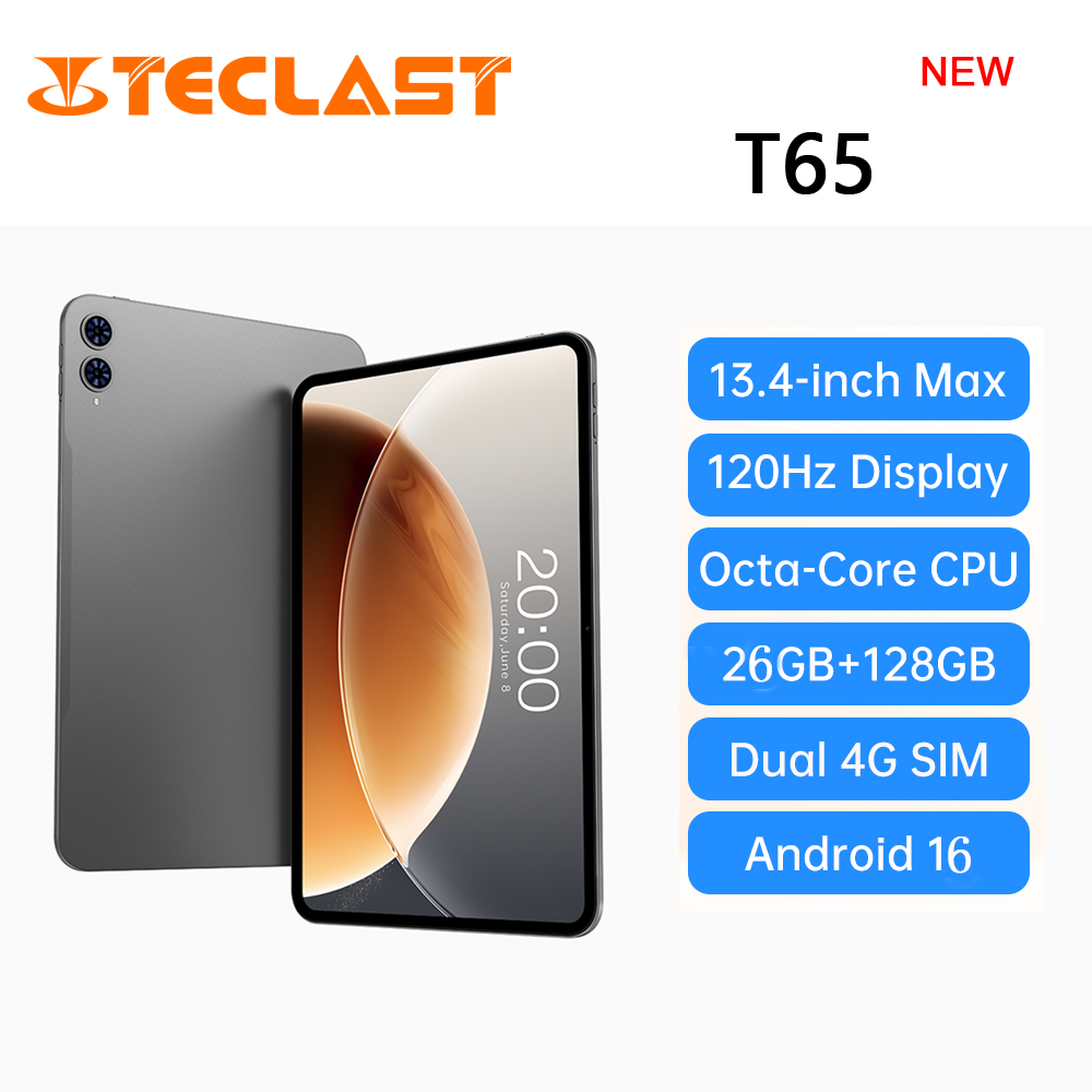Teclast T65 : écran 13,4" 120 Hz, Android 16, processeur 2,2 GHz, 26 Go RAM (6+20 Go virt.) + 128 Go, double SIM 4G + Wi-Fi 5G, Widevine L1, 13 MP, BT5.0, GPS, housse incluse.