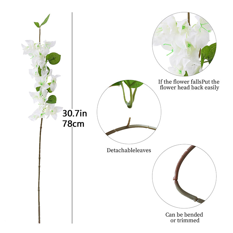 Yuejia 5 pièces 29,52 in / 74,98 cm Fleurs artificielles de bougainville Faux rameaux de bougainville Vignes de fleurs artificielles pour maison, jardin, mariage, fête, intérieur et extérieur, arrangement floral et décoration DIY (blanc)