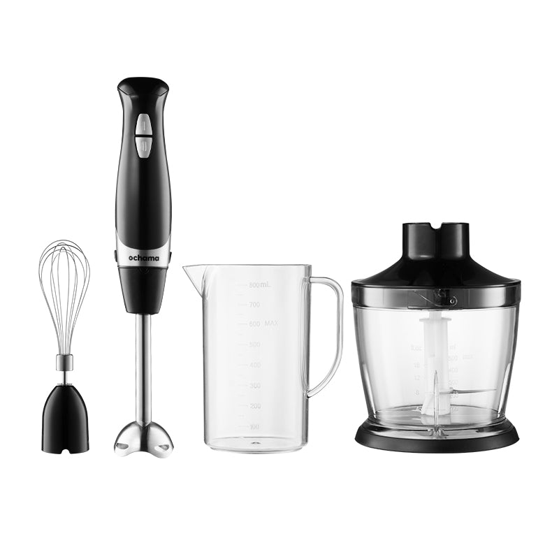 ochama Mixeur Plongeant 600W, 4-en-1 avec Fouet, Hachoir, 2 Vitesses, Monte Œufs et Crème, Nourriture Bébé, Soupe, Purées, Amovible et Facile à Nettoyer, Bol 500ml + Gobelet Doseur 800ml