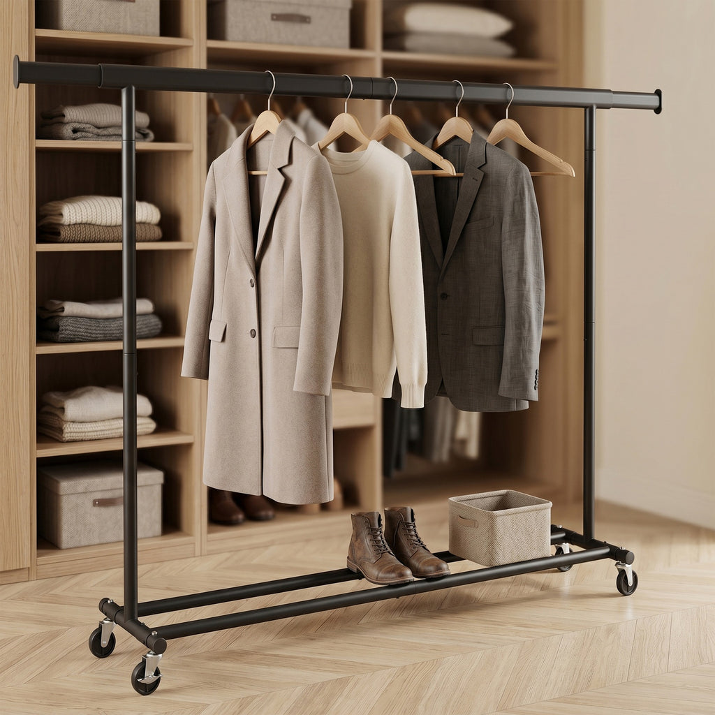 Ochama Portant à Vêtements Extensible, Tringle Robuste avec Roulettes, Penderie Mobile pour Chambre, Montage Facile, Noir
