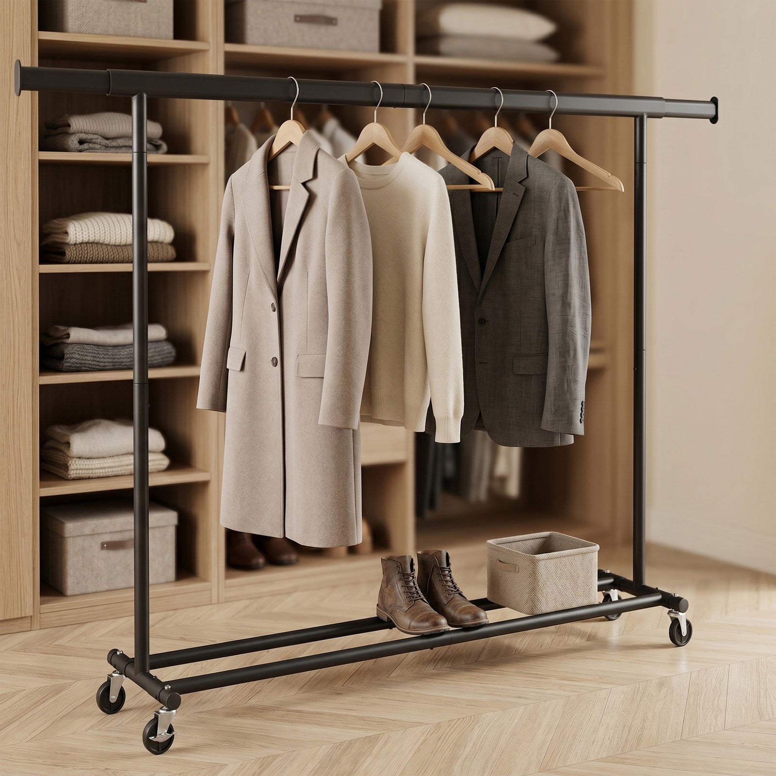 Ochama Portant à Vêtements Extensible, Tringle Robuste avec Roulettes, Penderie Mobile pour Chambre, Montage Facile, Noir