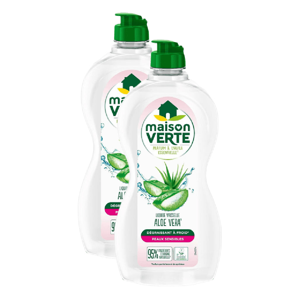 Maison Verte Liquide Vaisselle, Aloe Vera & Huiles Essentielles Biologiques, Dégraissage à Froid, 2 x 500 ml (= 1 L)