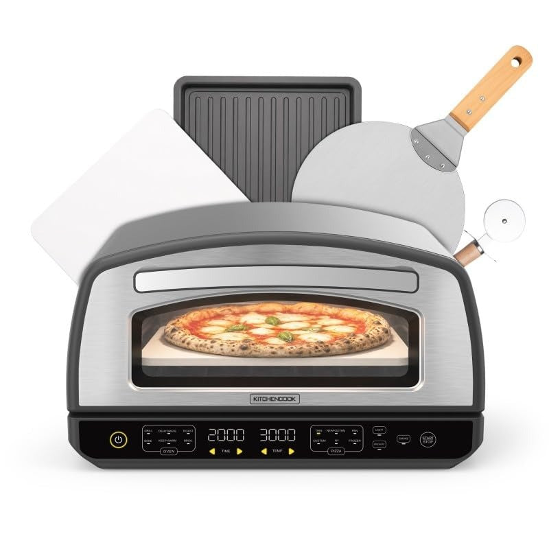 KitchenCook - Four à pizza - 2000 W - Jusqu'à 450 °C - 12 programmes - Plaque de cuisson en acier inoxydable émaillée, pelle à pizza et coupe-pizza