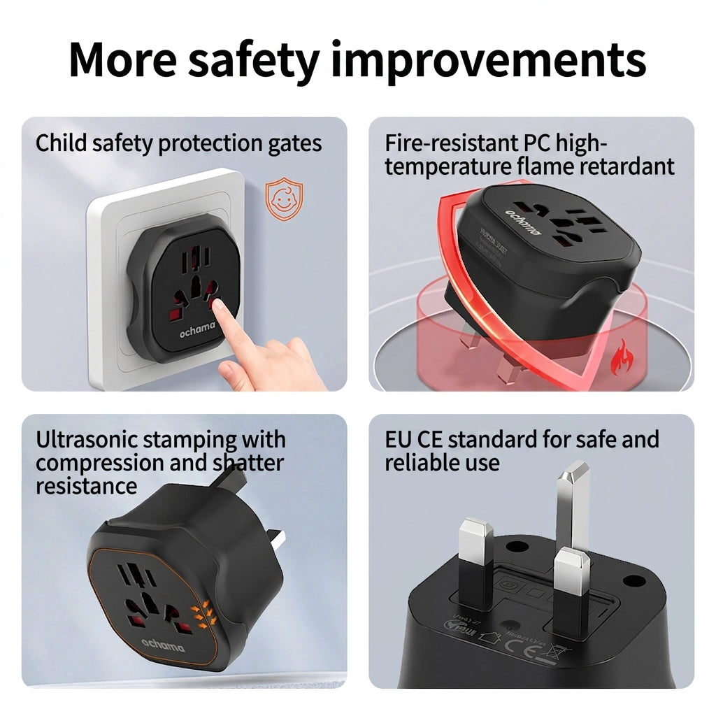 ochama Prise de voyage universelle, protection enfant, matériau résistant à la pression, certifiée CE et UKCA, compatible avec le Royaume-Uni, Singapour, Malaisie, Dubaï, Émirats arabes unis