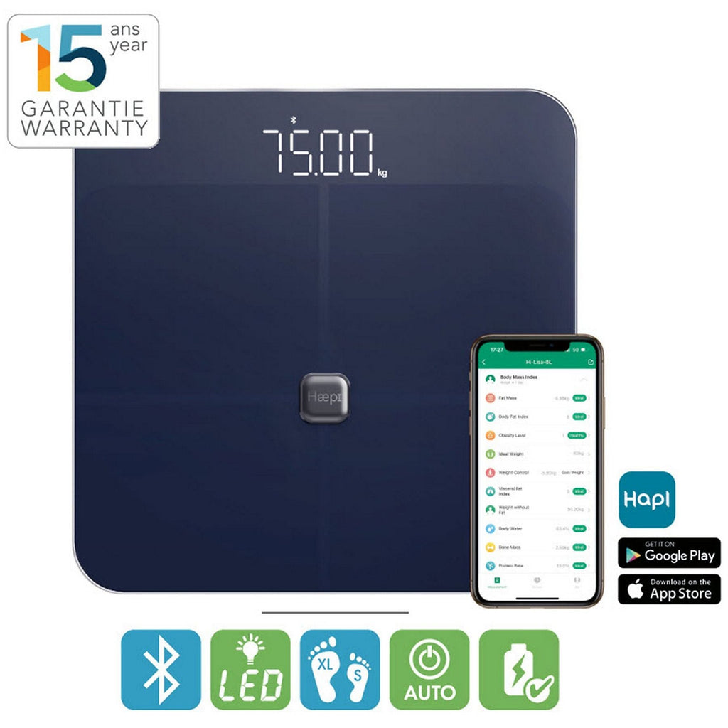 Haepi Lisa Pèse-personne connecté Bluetooth Analyse de 15 données corporelles IMC graisse os muscle eau via application Piles incluses Garantie 15 ans