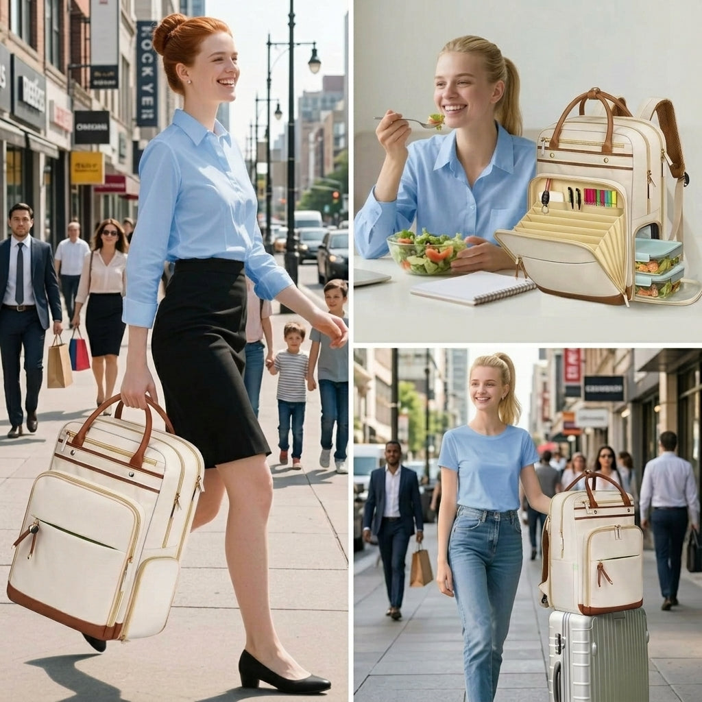 Sac de travail, sac à dos pour ordinateur portable 15,6 pouces pour femme, avec compartiment à repas détachable, port USB et poche organisée, beige
