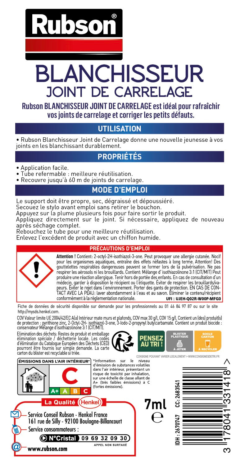 Rubson | Blanchisseur Joint de Carrelage (feutre de 7 ml) – Stylo blanchissant facile à appliquer pour joints de carrelage – Blancheur et protection longue durée