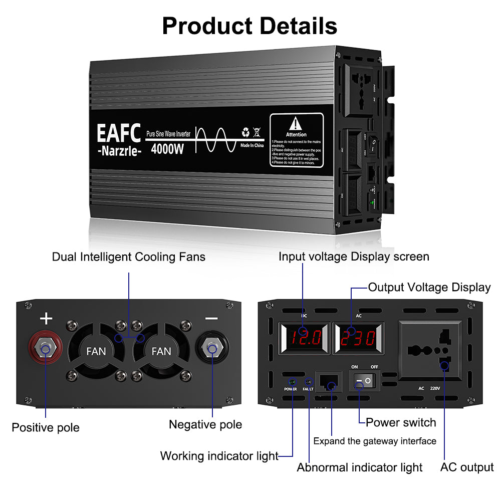 EAFC 4000 W Onduleur de puissance à onde pure (Pic 4000 W / Nominale 2000 W), Convertisseur 12 V CC vers 220 V CA avec double ventilateur de refroidissement intelligent