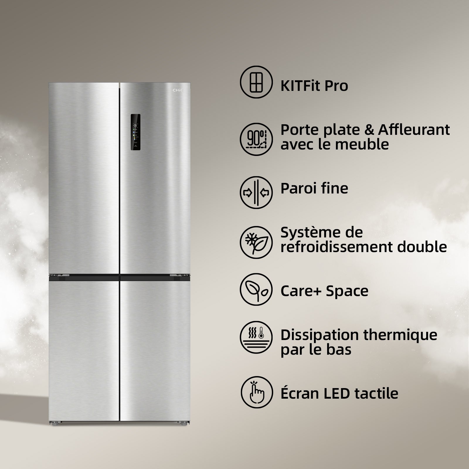 CHiQ Réfrigérateur à portes croisées 458 L, Design encastrable affleurant KITFIT, 191 cm H, Zone Care+ et contrôle de l’humidité, Inverter intelligent, Acier argenté élégant (JR460WSE)