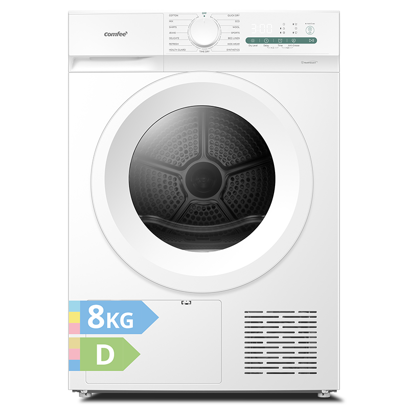 Comfee' Sèche-linge à pompe à chaleur CD08EHP05W-HR, 8 kg, classe énergétique D, lumière UV pour une pureté hygiénique, fonction de rafraîchissement, écran LED, séchage rapide, blanc