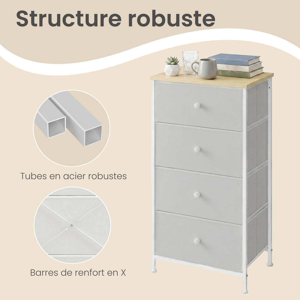 JOYFURNOS Commode en tissu pour chambre, avec 4 tiroirs, cadre en métal, blanc