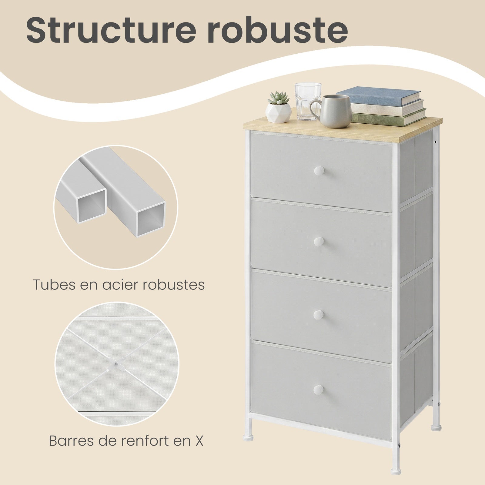 JOYFURNOS Commode en tissu pour chambre, avec 4 tiroirs, cadre en métal, blanc