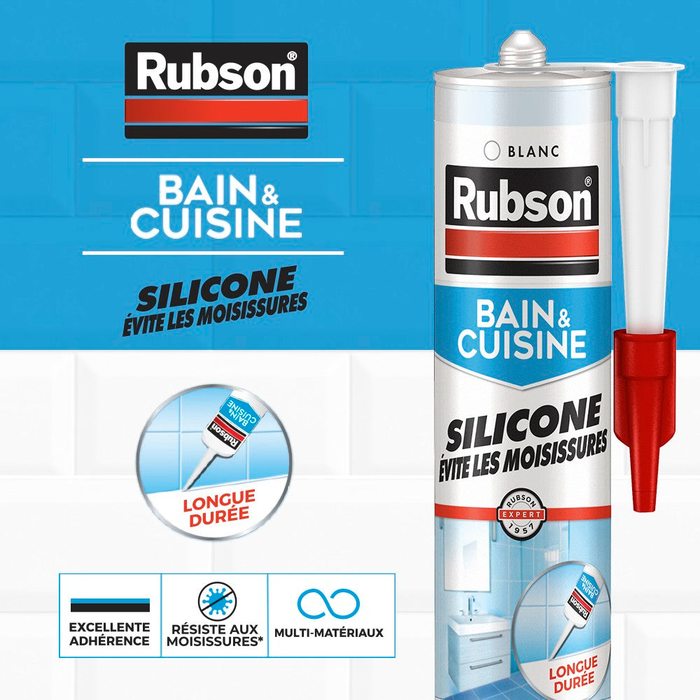 Henkel Rubson, Mastic Bain & Cuisine Silicone Évite Les Moisissures Blanc (cartouche de 280 ml) – Mastic sanitaire à base de silicone – Mastic étanche renforcé en antifongique