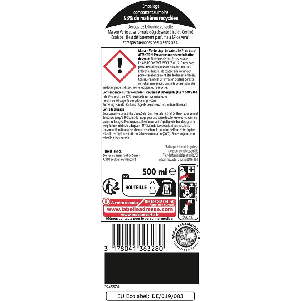 Maison Verte Liquide Vaisselle, Aloe Vera & Huiles Essentielles Biologiques, Dégraissage à Froid, 2 x 500 ml (= 1 L)