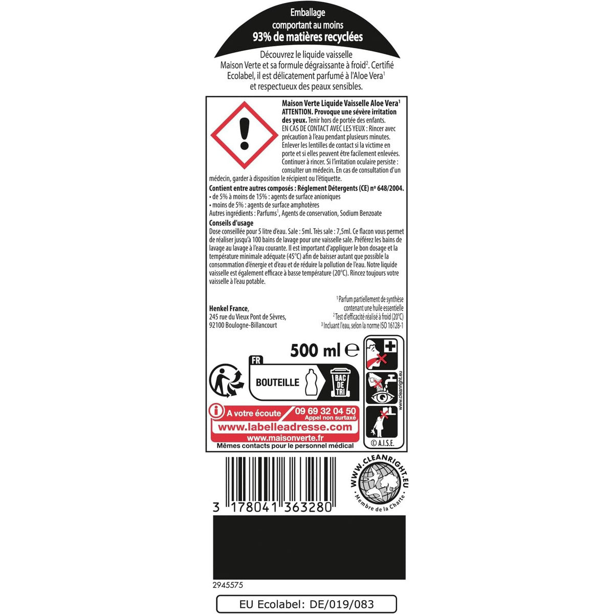 Maison Verte Liquide Vaisselle, Aloe Vera & Huiles Essentielles Biologiques, Dégraissage à Froid, 2 x 500 ml (= 1 L)