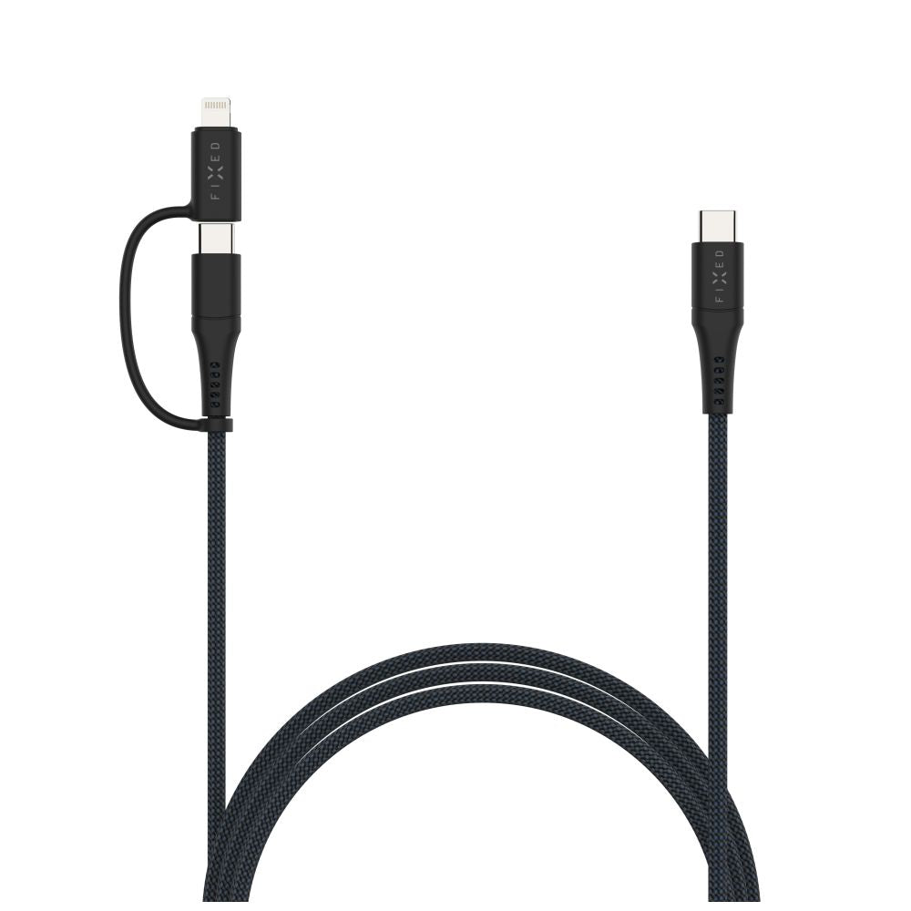 FIXED Câble USB-C vers USB-C tressé avec adaptateur Lightning, 3 m, Certifié MFi, Charge Rapide PD 60W, Gris