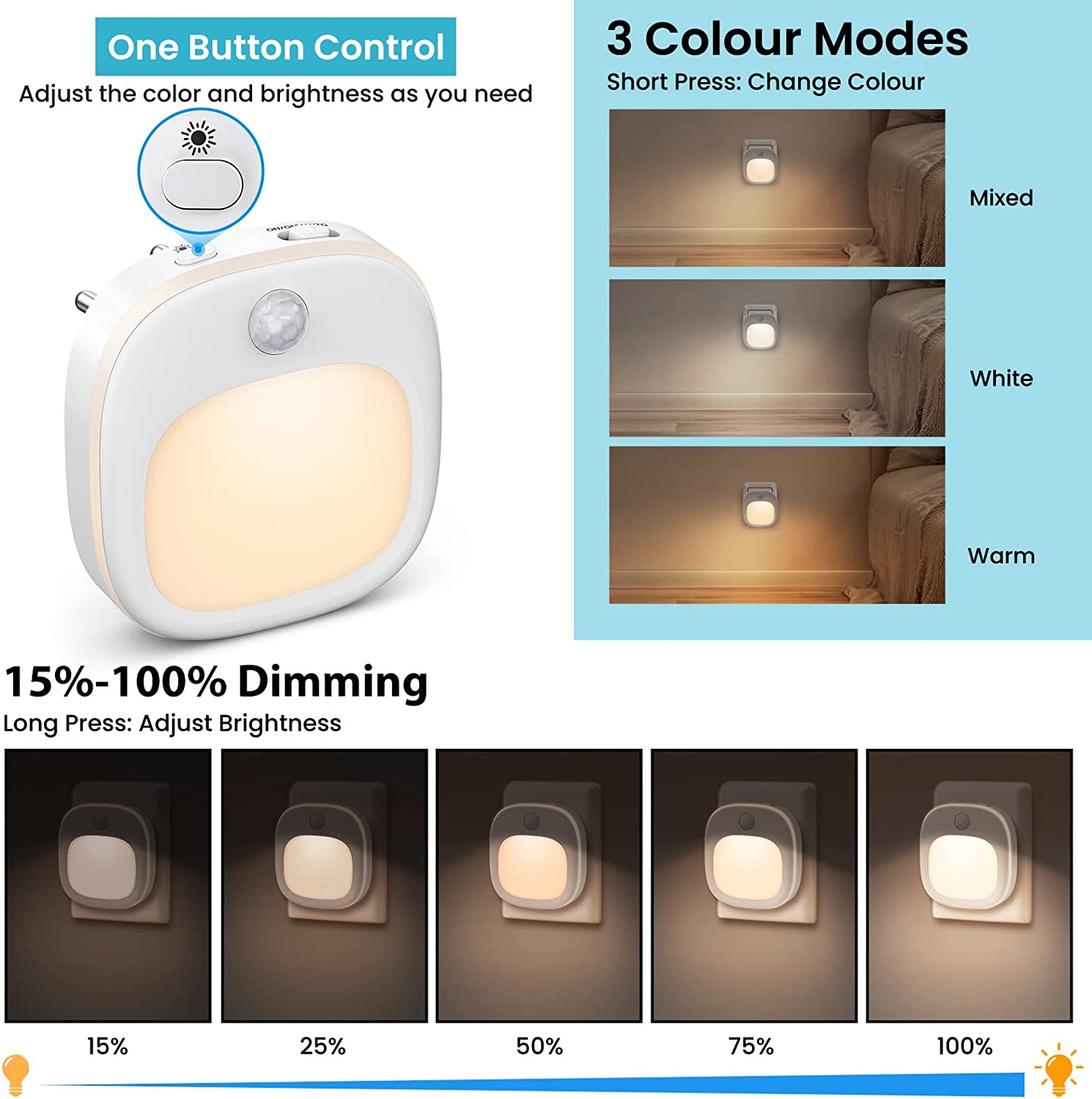 Lichtsinn Pack de 2 veilleuses LED avec capteur de mouvement, 3 températures de couleur, 5 niveaux de dimmulation, LED SMD 1 W, 100-240 V, ABS et métal, pour chambre, chambre à bébé et entrée