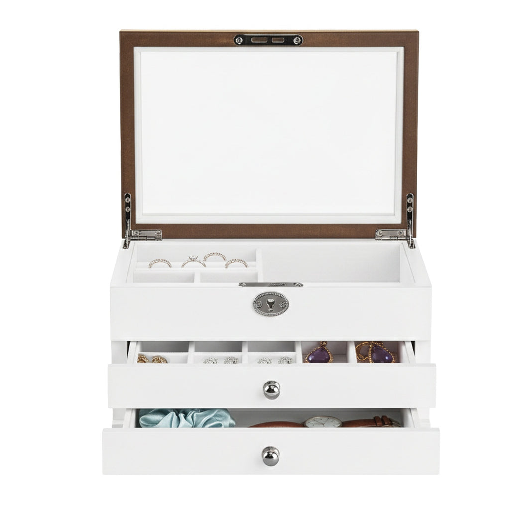 JOYFURNOS Boîte à Bijoux à 3 Niveaux avec Grand Miroir, 2 Tiroirs, Fermeture à Clé, Cadeau Idéal pour Vos Proches, pour Bagues, Boucles d’Oreilles, Bracelets et Colliers, Coloris Blanc et Effet Bois