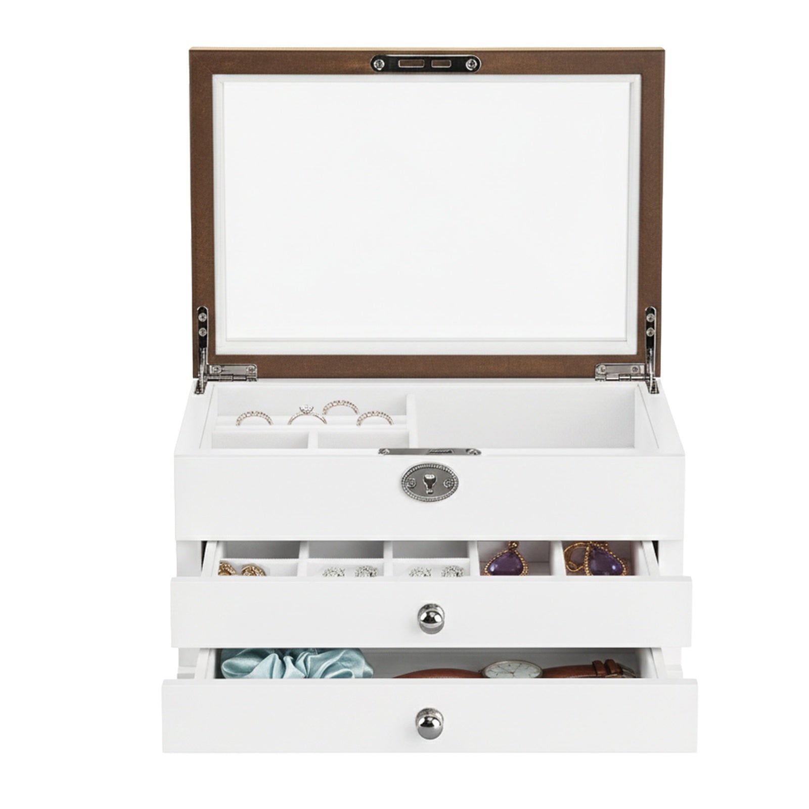 JOYFURNOS Boîte à Bijoux à 3 Niveaux avec Grand Miroir, 2 Tiroirs, Fermeture à Clé, Cadeau Idéal pour Vos Proches, pour Bagues, Boucles d’Oreilles, Bracelets et Colliers, Coloris Blanc et Effet Bois