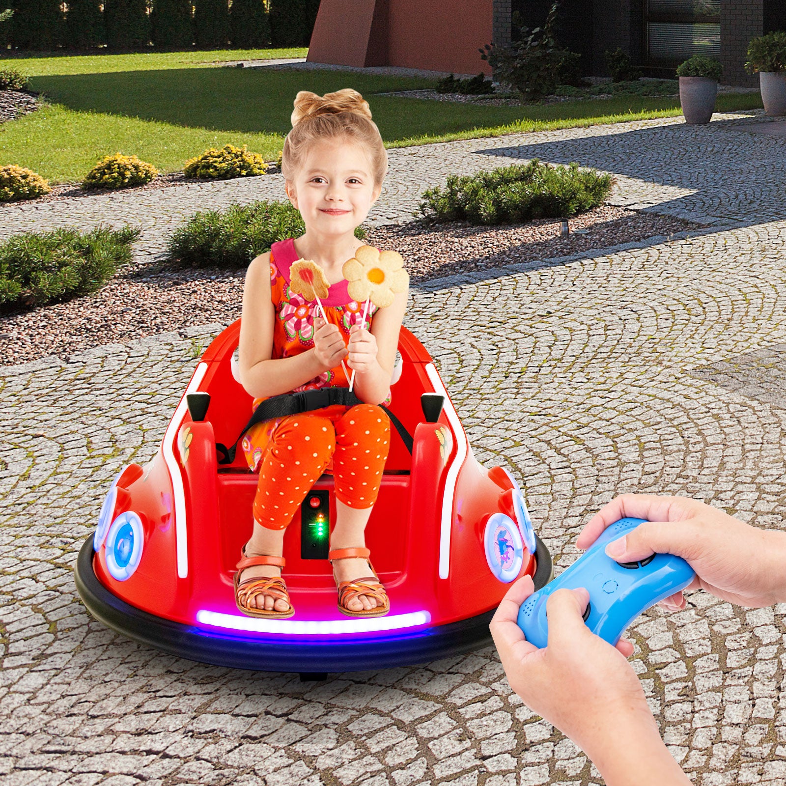 Voiture de course pour enfants 12 V, rotation à 360 degrés, avec musique, lumières et télécommande, rouge