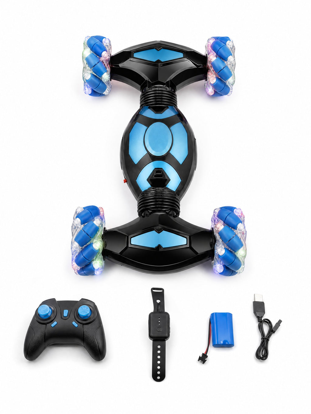 4x4 voiture RC 2,4G gestuelle double commande, retournement 360°, LED & musique, jouet tout-terrain, Une Pièce en Bleu