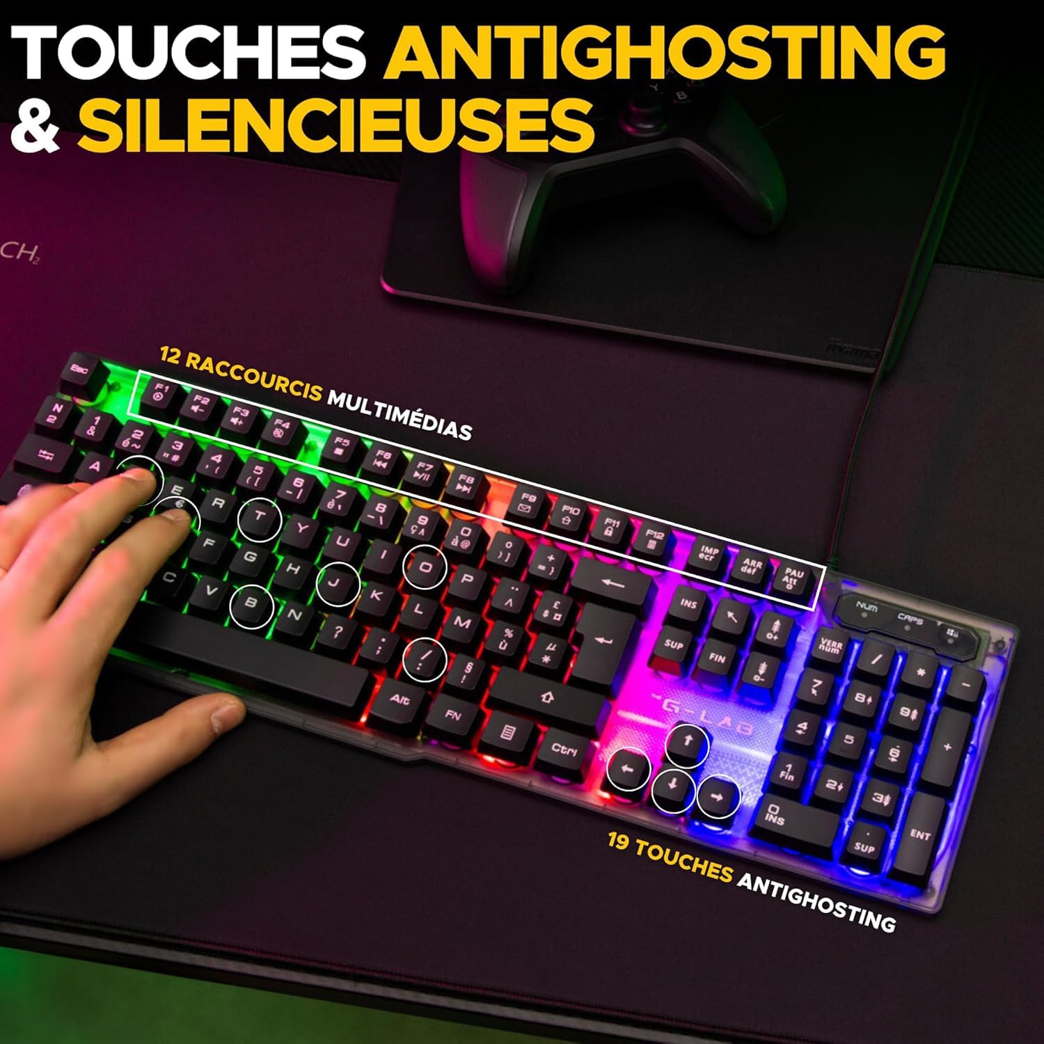 THE G-LAB Keyz Neon Clavier Gaming Membrane Filaire RGB, Taille Complète - AZERTY - Noir