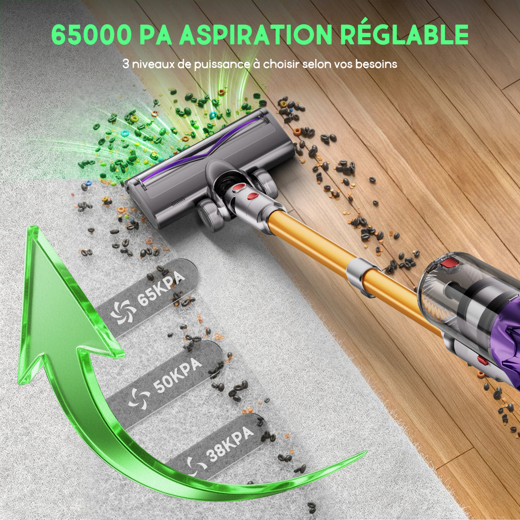Daynee Aspirateur sans fil 65 kPa/70 min avec écran, tuyau de 1 m et brosse anti-enchevêtrement, HEPA*4, pour poils d'animaux, tapis et sols durs