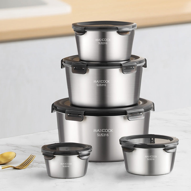 Maxcook Lot de 3 boîtes de conservation alimentaire en acier inoxydable 316 avec couvercles, Boîtes alimentaires métalliques type bento, Ensemble de boîtes à en-cas avec couvercle, Compatibles lave-vaisselle et congélateur (600 ml & 1100 ml & 2200 ml