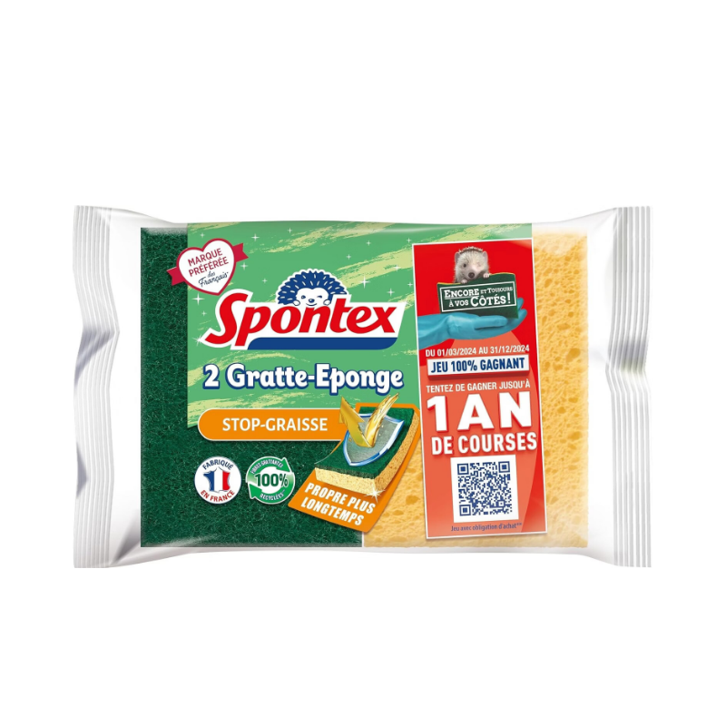 Spontex Éponges à Récurer Anti-Graisse, Anti-Rayures, Lot de 2