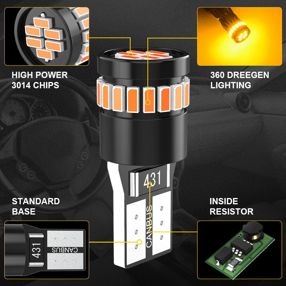 KATUR 194 168 2825 Ampoules LED W5W T10 24 SMD, compatible CANBUS sans erreur, pour plaque d’immatriculation, forme convexe, 3014 (4 pièces, jaune ambré)