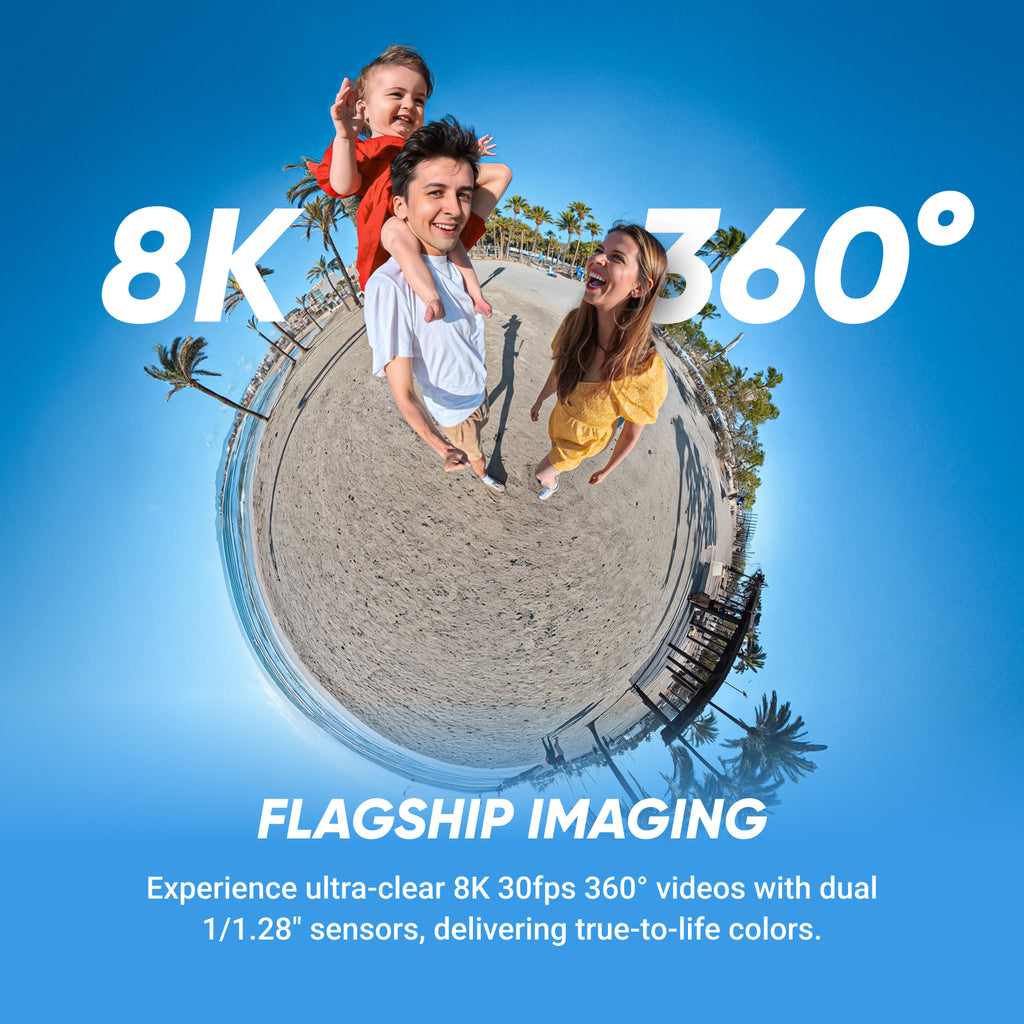Insta360 X5 - Caméra d'action 360° 8K étanche, excellente performance en basse lumière, effet perche à selfie invisible, objectif remplaçable robuste, autonomie de 3 heures