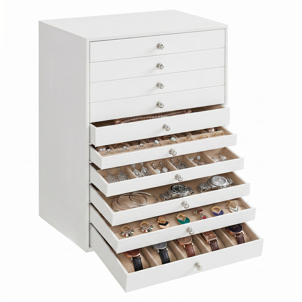 JOYFURNOS Organisateur de bijoux avec tiroirs, grande boîte de rangement, idée cadeau moderne pour chambre, 10 niveaux, blanc