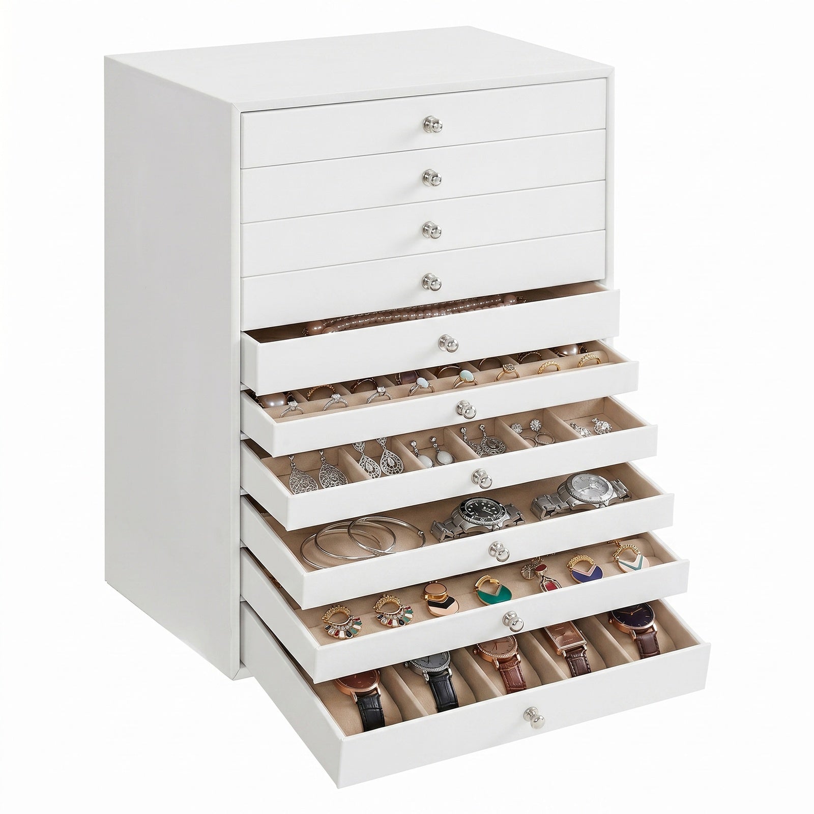JOYFURNOS Organisateur de bijoux avec tiroirs, grande boîte de rangement, idée cadeau moderne pour chambre, 10 niveaux, blanc