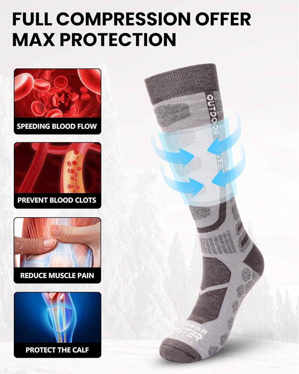 OutdoorMaster Lot de 2 paires de chaussettes de ski en laine mérinos à compression gris foncé - Taille M