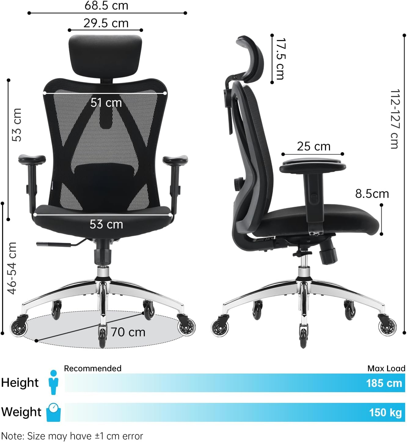 SIHOO M18 Chaise de bureau ergonomique à dossier haut en mesh respirant, avec appui-tête et soutien lombaire réglables, roulettes améliorées, noir