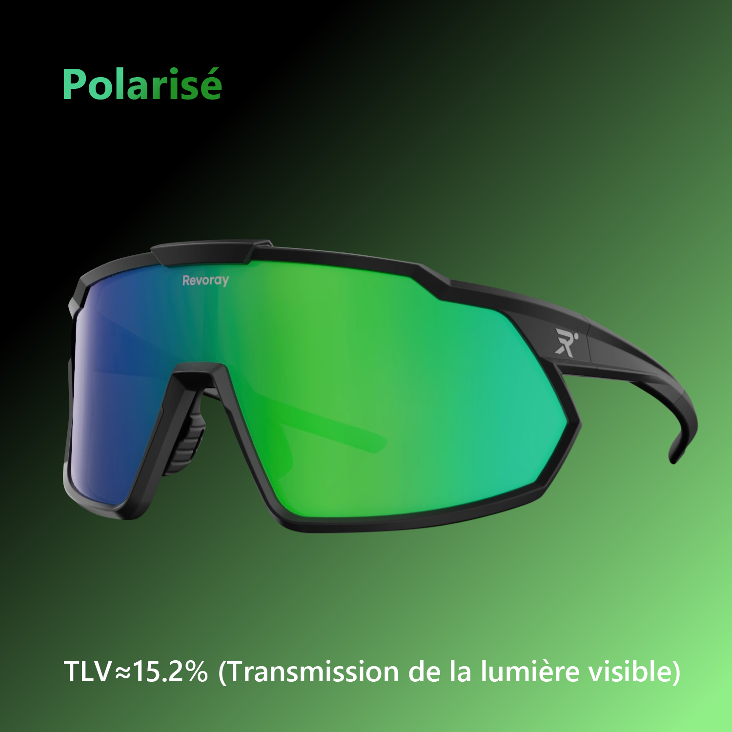 Revoray Y1 Lunettes de soleil de cyclisme avec verres polarisés TAC haute définition, monture TR90 ultra-légère 33 g, protection UV 400, revêtement hydrophobe et oléophobe - Vert