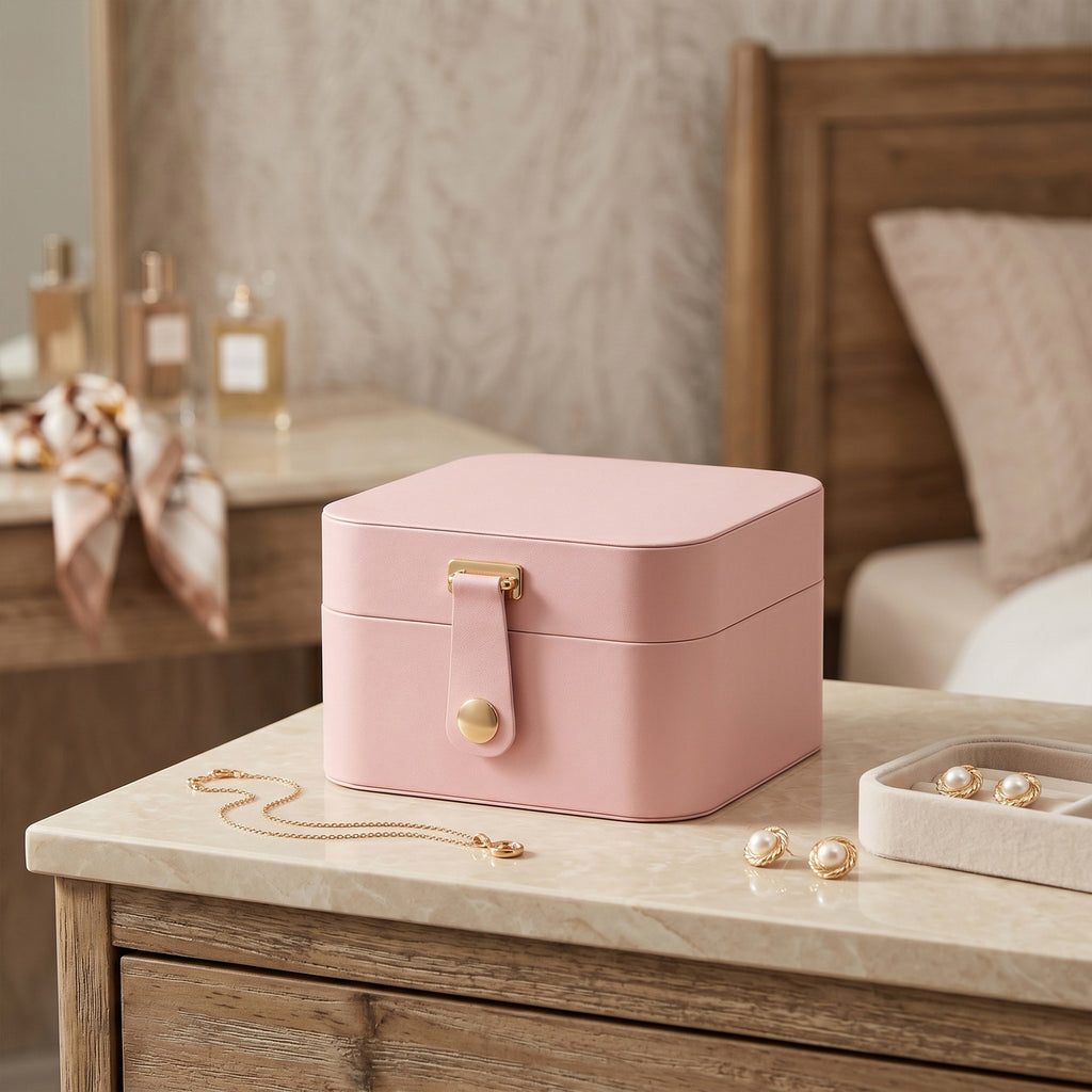 JOYFURNOS Coffret à Bijoux Compact, Rangement Portable à 2 Niveaux, Trousse de Voyage pour Accessoires, Rose