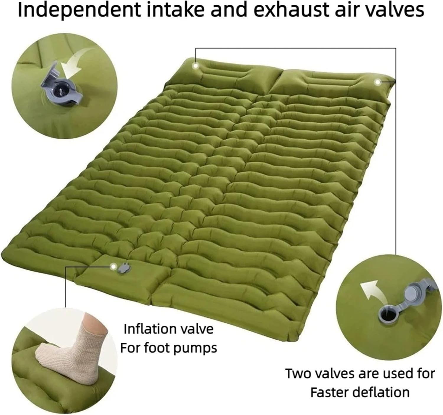 VXOYO Tente de couchage double de camping 200 x 160 cm tapis gonflable ultra-léger avec oreiller intégré et pompe à pied, dimensions emballé 29 x 16 x 16 cm, poids 1,7 kg, vert double