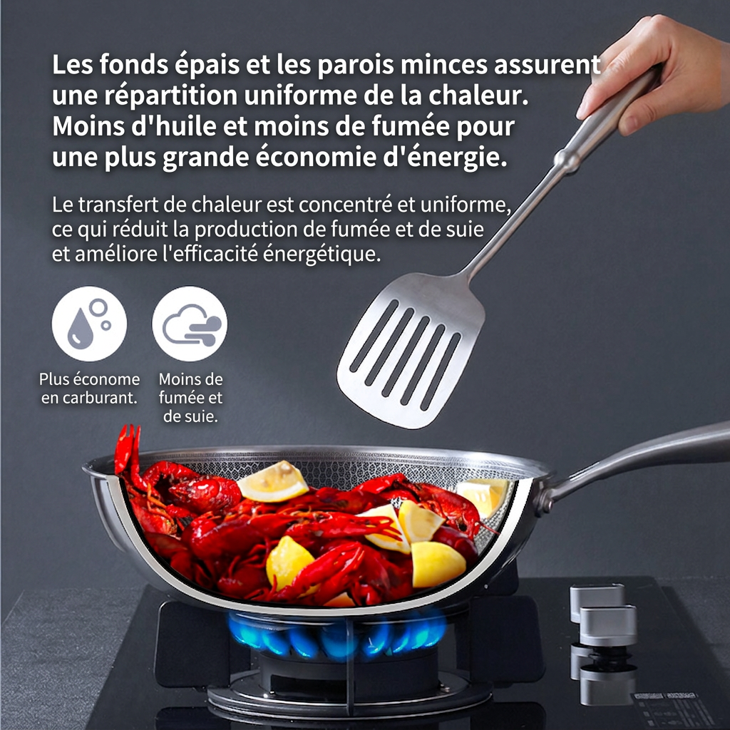 Ochama Wok Antiadhésif -30 cm, Revêtement Nid d'Abeille, Design Anti-éclaboussures, Compatible Gaz, Induction et Vitrocéramique, Couvercle Inclus