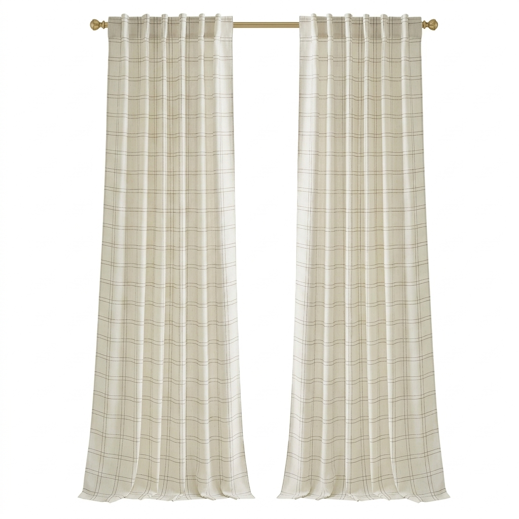 Rideaux à Carreaux Rustiques PONY DANCE pour Salon en Mélange de Lin, Style Champêtre Vintage, 2 Panneaux, 132 x 220 cm, Beige Clair