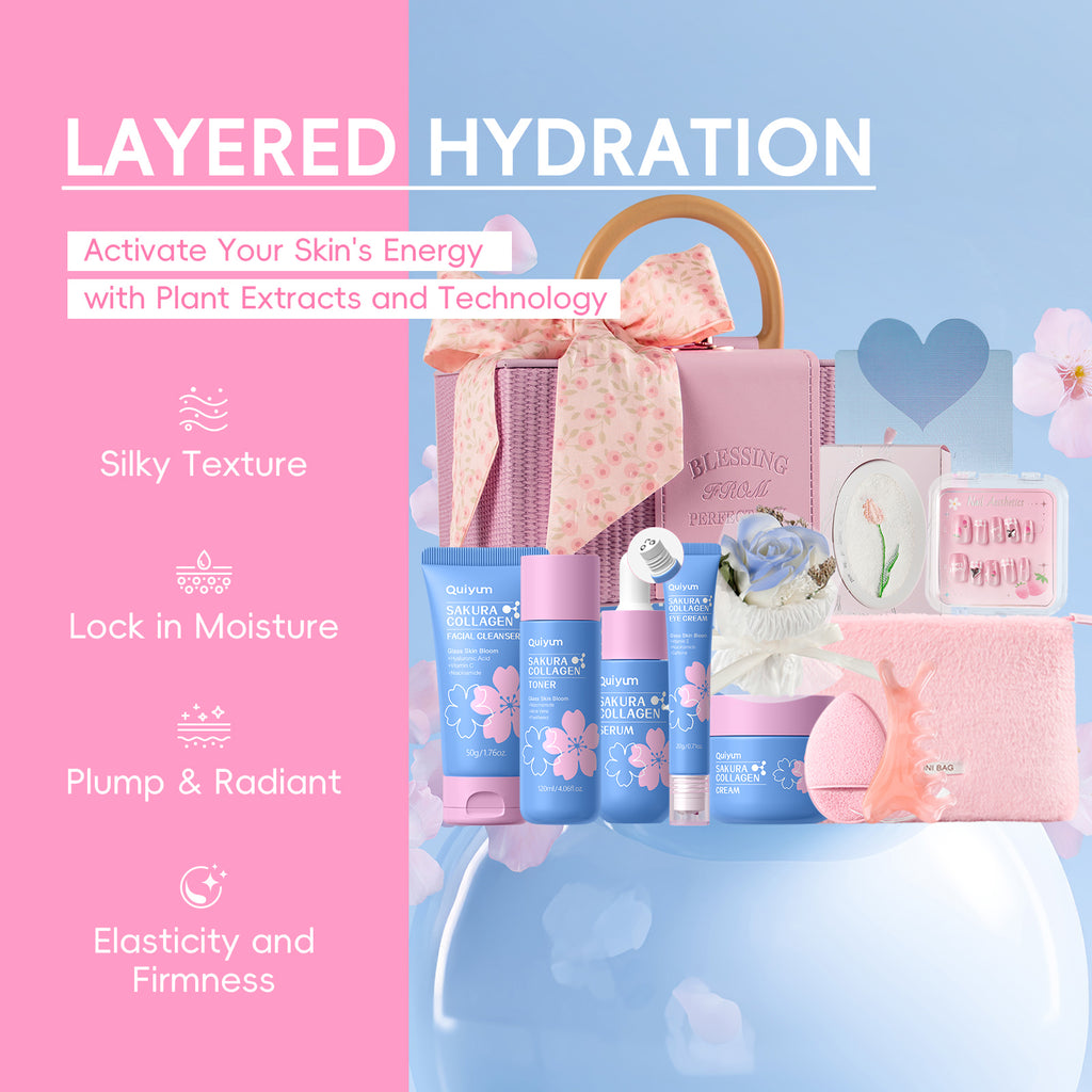 Quiyum Coffret de soins Sakura au collagène 12 pièces Nettoyant 50 g, Lotion tonique 120 ml, Sérum 30 ml, Crème contour des yeux 20 g, Crème 50 g, Autocollants pour ongles, Serviette