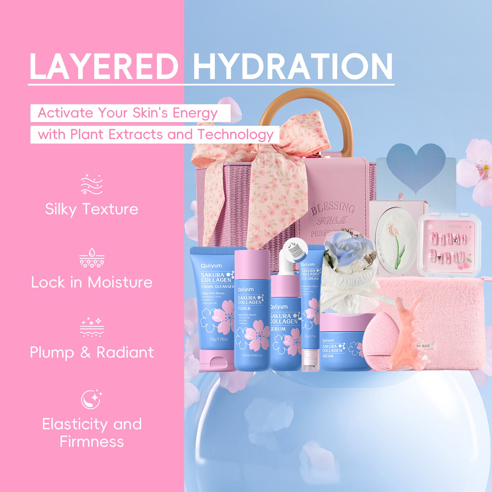 Quiyum Coffret de soins Sakura au collagène 12 pièces Nettoyant 50 g, Lotion tonique 120 ml, Sérum 30 ml, Crème contour des yeux 20 g, Crème 50 g, Autocollants pour ongles, Serviette