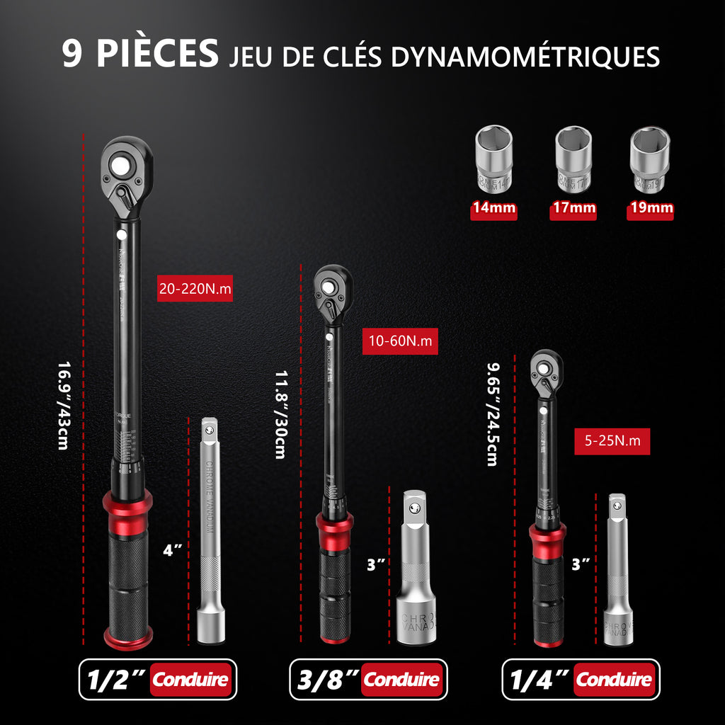 MoveCrab Set de clés dynamométriques mécaniques 9 pièces 5-220 N.m pour vélo, moto, auto et kit d'outils de réparation industrielle