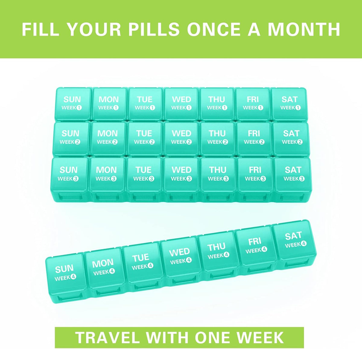 Boîte à médicaments portable 28 jours, boîte de rangement mensuelle pour pilules, grande capacité, pilulier compartimenté 4 semaines avec couvercle anti-poussière