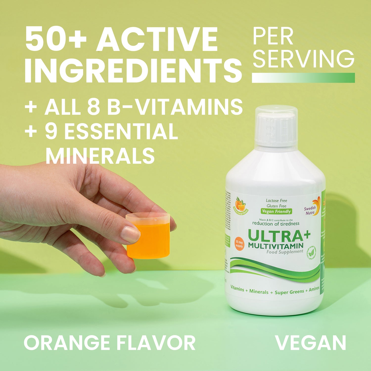 Swedish Nutra Ultra+ Multivitamines Liquide Complément Alimentaire - 500 ml, 33 Jours d'Approvisionnement | Vitamines, Minéraux, Super Greens & Aminos | Boost Énergie, Bien-être & Système Immunitaire | Arôme Orange | Pour Hommes & Femmes