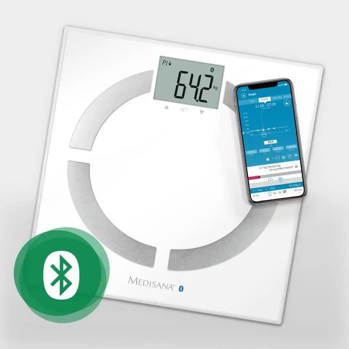Medisana BS 444 Balance Connectée Impédancemètre jusqu'à 180 kg, Bluetooth, BMI/Muscle/Graisse Corporelle/Masse Osseuse avec l'application Vitadock+, Blanc