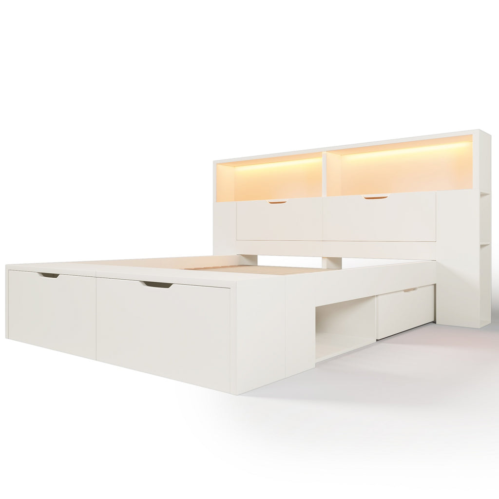 URBAN MEUBLE Lit double 140 x 200 cm blanc avec rangement, éclairage LED, prises USB, tiroirs, banc, étagères, sommier à lattes pour chambre d'adolescent