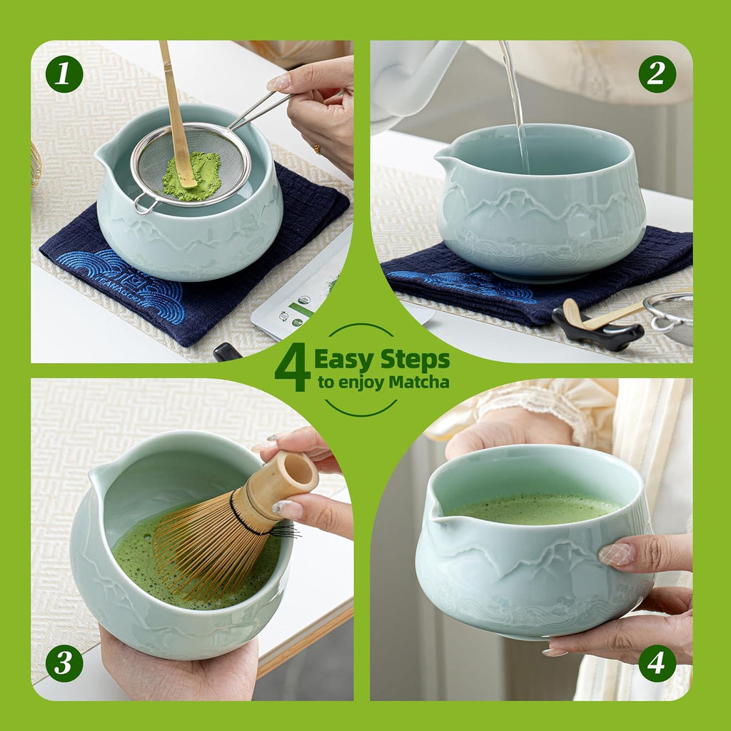 TEANAGOO Set de cérémonie du matcha en céramique 7 pièces avec fouet, bol, cuillère doseuse et tamis pour préparation de latté, cadeau pour amateurs de matcha